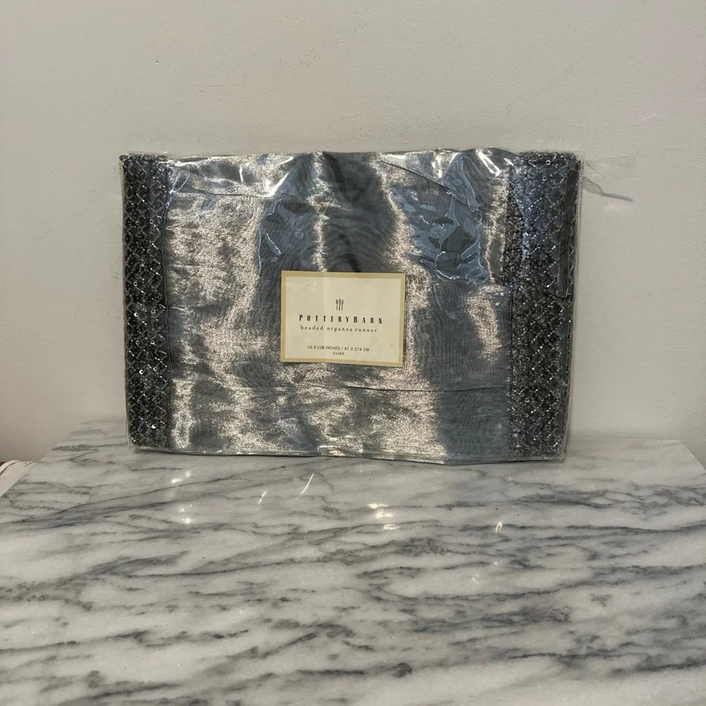 Pottery Barn Metallic Silver Table Runner NEW NIP